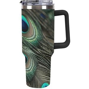FHESDCW Mooie pauwenveren grote capaciteit autobeker 40 oz roestvrijstalen beker met handvat geïsoleerde waterfles met rietje en deksel bedrukte mokken past in de bekerhouder