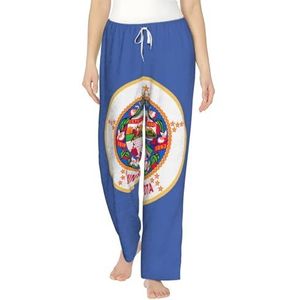 FMASWEQ Minnesota staat vlag print kerst pyjama voor vrouwen, zachte fleece pyjamabroek, perfect om te loungen, Zwart, S