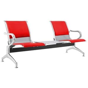 FBasic Bank 3-zits staal 183 x 71 x 78 H zilver voor wachtkamer | voor montage: 3 stoelen + tafel | met zitkussen voor zitting en rugleuning rood | Bank met armleuningen
