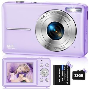 Digitale camera met 32 GB TF-kaart, digitale camera voor kinderen, 1080p 44MP FHD, oplaadbaar, compacte digitale camera met 16-voudige digitale zoom, voor kinderen, volwassenen, studenten (paars)