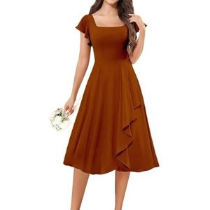 KURFACE Korte bruidsmeisjesjurken met fladdermouwen voor junioren ruches A-lijn knielengte cocktailjurk formele jurk, Verbrand Oranje, 32