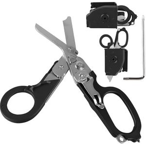 WANDGU 6-in-1 reddingsschaar: traumaschaar, reddingsschaar, draagbaar, opvouwbare schaartang van roestvrij staal, outdoor camping schaar gereedschap, noodschaar voor reddingswerkers (zwart)