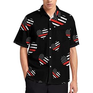 Rode Lijn Hart Vlag Brandweerman Hawaiiaanse Shirt Voor Mannen Zomer Strand Casual Korte Mouw Button Down Shirts met Zak