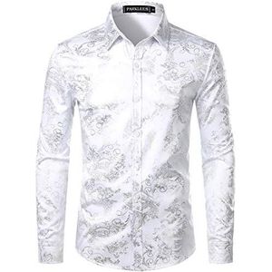 PARKLEES Luxe, goudkleurig, glanzend, paisley-print, stijlvol overhemd, slanke pasvorm voor heren, Wit Zilver, S