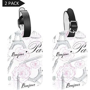 PU lederen bagagelabels met Parijs Eiffeltoren met bloemen Print naam ID-labels voor reistas bagage koffer met rug Privacy Cover 2 Pack