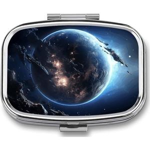 Aarde en Maan Pillendoos Reizen Pillenorganizer 2 Compartiment Wekelijkse Pillenetui met Spiegel Een Dag Medicijncontainer Geneeskunde Organizer voor portemonnee, zak of portemonnee