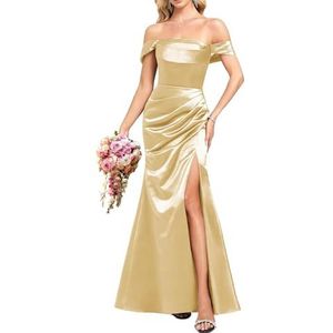 YIANN Satijnen baljurken met split voor dames, mouwloos, lang, formele avondjurk, Goud, 32