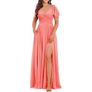 HPPEE Dames fladdermouwen V-hals chiffon bruidsmeisjesjurken met spleetzakken A-lijn formele avondjurk, Koraal, 42