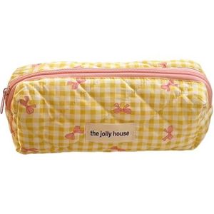 Geruite schattige cosmetische tas met rits make-up organizer opbergtas katoen gewatteerde cosmetische organizer tas voor vrouwen en meisjes, Geel, S, esthetische/bloemen