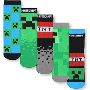 Minecraft Set van 5 kindersokken | halve sokken met Creeper en TNT alloverprint in zwart, groen en blauw | 5-pack gamersokken, Meerkleurig, 31-36
