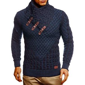 Leif Nelson Gebreide herentrui met lange mouwen, slimfit shirt, basic sweatshirt met sjaalkraag en kunstleer, Blauw, 3XL