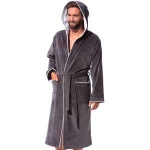 Morgenstern Badjas Heren I Velours I 100% Katoen I Capuchon I Lang Grijs Lichtgrijs S