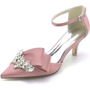 Dames Aangerichte Teen Kitten Hakken Satijnen Bruids Pumps Enkelsluiting Bruiloft Prom Party Jurk Schoenen,Roze,36 EU
