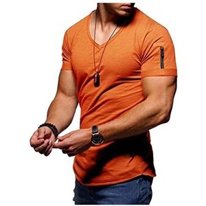 T-shirt for Mannen Korte Mouw Mode V-hals Streetwear Mens T-shirts, Fitness Bodybuilding T-shirt Zomer Casual Tops Tee (Color : Orange, Size : XL)