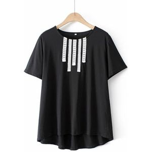 SDFGH Plus Size Dames T-shirt Katoen Kant Zomer Casual T-shirts met korte mouwen Asymmetrische lengte Tops (Color : Schwarz, Size : XL)