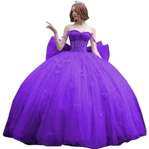 Fuomomo Quinceanera-jurk met dunne bandjes en vlinderglitter, Quinceanera-jurk met vlinders en grote strik, baljurk van kant met parels MT053, Paars, 30 NL