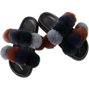 Fuzzy Bont Pom Pom Ball Slippers voor Vrouwen - Zachte Platte Open Teen Mode Indoor Outdoor Slides, MultiColor 29, one size