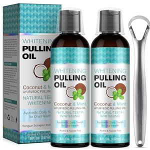 Kokos- en pepermuntolie trekken, muntolie-trekkend mondwater met tongschraper, biologisch mondwater met etherische oliën, natuurlijke alcoholvrije tanden bleken en tandvlees gezondheid (16 FL.OZ-2