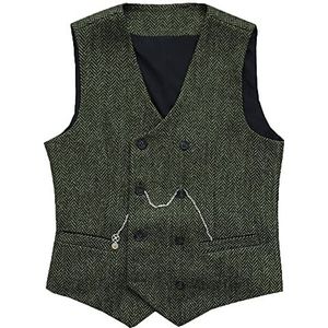 Heren Visgraat Vest met dubbele rij knopen Wollen Business Tweed gilet kleedt slank af(Large, Leger Groen)