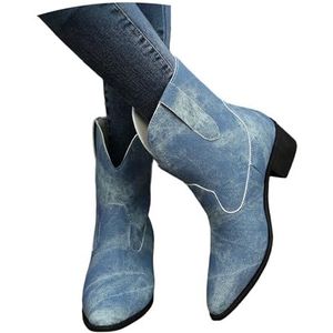 Retro Western Cowboylaarzen Dames Casual Enkellaarsjes Klassieke Suède Halfhoge Laarzen Puntige Neus Ankle Boots Met Hak Comfortabele Brede Buis Instapschoenen(Blue,43 EU)