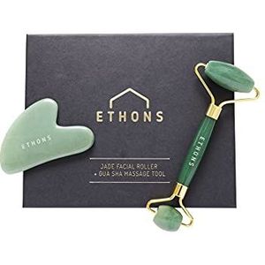 ETHONS Jade Roller & Gua Sha 2 in 1 Voor Gezicht - Premium Construction Face Massager - Huid Aanscherping De-Puff Face Scraper - Anti Aging - Verlicht Hoofdpijn & TMJ [Gift-Ready Packaging]