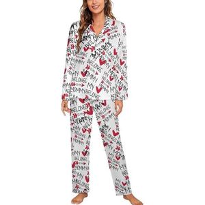 I Love Mom Heart Pyjama Sets met lange mouwen voor vrouwen, klassieke nachtkleding, nachtkleding, zachte pyjama's, loungesets