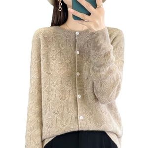Dames Hollow Out Cardigan, Wolmix Gebreide Trui Met Knoopsluiting, Lange Mouwen en Losse Pasvorm(Khaki,XXL)