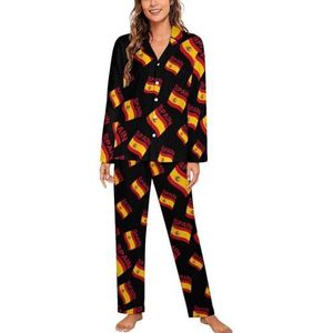 Vlag van Spanje dames lange mouw button down nachtkleding zachte nachtkleding lounge pyjama set M