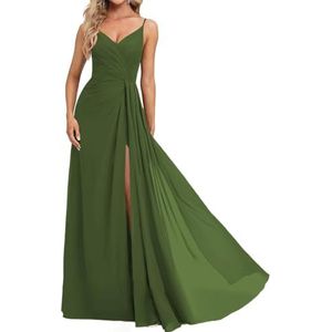 Prinses Bruidsmeisjes Jurken Spaghetti Bandjes Galajurken Chiffon Formele Avondfeest Maxi Jurk met Split ZM210, Olijfgroen, 32