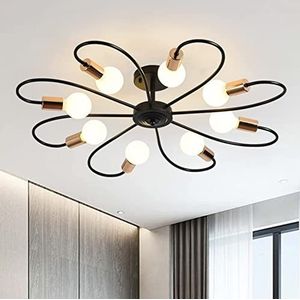 Qcyuui 8-Light Semi Flush Plafondlamp, Moderne Spoetnik Kroonluchters Midden van de Eeuw Metalen Hangverlichting, Industriële Vintage Plafondlamp Armatuur voor Keuken Eetkamer Woonkamer Slaapkamer (Zwart & Goud)