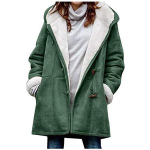 Winter Pluche Hoodie Dames Losse Warme Jassen Voor Vrouwen met Zakken Dames Casual Katoen Gewatteerde Jas Plus Size Effen Kleur Blouse Womens Hoorn Knopen Bukle Up Revers Kraag Jas, Groen, S