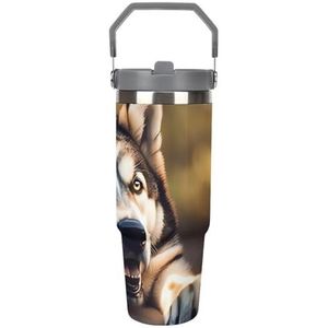 FHECVBN Grote Capaciteit Auto Cup Koffie Tumbler Leuke Husky Koffie Mok Flip Stro Tumbler Rvs Cup Geïsoleerde Tumbler Travel Mok 30oz