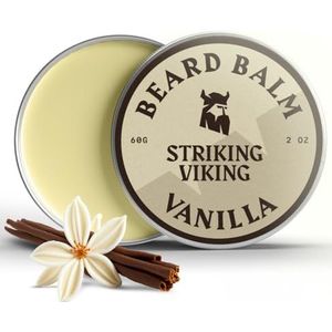 Striking Viking Vanille baardbalsem - Stijlt, versterkt en verzacht baarden en snorren - Natuurlijke baardconditionerwas met biologische sheaboter, theeboom-, argan- en jojoba-olie (vanillegeur)
