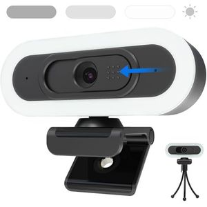W4LS Webcam HD 2K/1080P met ringverlichting, autofocus, heldere stereo-microfoons, lichtcorrectie, plug & play, 65° zicht, USB PC webcam voor live streaming, videogesprekken, conferentie,
