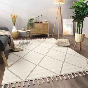 Paco Home Vloerkleed Woonkamer Laagpolig Boho Patroon Scandinavisch Franjes, Maat:160x220 cm, Kleur:Beige 2