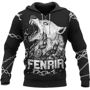 Nordic Odin Fenrir Wolf Hoodie - Heren En Dames 3D Viking Battle Axe Vegvisir Tattoo Print Zip Jacket - Harajuku Street Plus Size Pagan Jacket(Color:Fenrir C,Size:5XL)