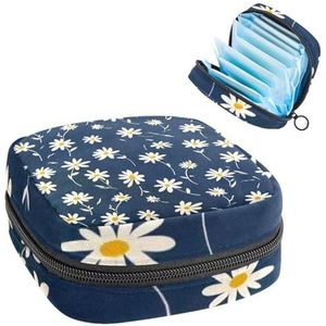Opbergtas voor maandverband, blauw wit madeliefjesprint, draagbare maandverband, inlegkruisjes, tampons, maandverband, opberghouder voor vrouwen, school, kantoor