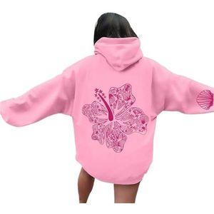 Preppy borduurwerk Hibiscus hoodie Leuke oversized hoodies Grafische pullover top for heren(Pink-2,3XL)