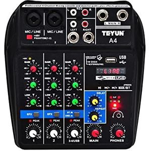 Audiomixer, Sound Mixing Console Bluetooth USB Record Computer afspelen Phantom Power Delay Repaeat Effect 4 kanalen USB Audiomixer A4 Eenvoudig te gebruiken en te bedienen (Color : A4-E-U)