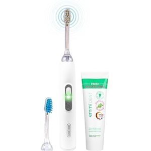 emmi-dent Elektrische ultrasone tandenborstel, metallic wit, ultrasone tandenborstel, ideaal voor gevoelige tanden en tandvlees zonder schrobben, ultrasone tandenborstel voor volwassenen en kinderen