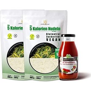 2 x 5 calorieënnoedels 250 g (smaak- en geurneutraal), 1 x tomatensaus arrabbiata 250 g (van kersentomaten) - veganistisch - glutenvrij - Schultz & König