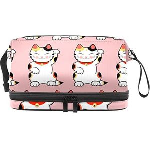 Grote capaciteit reizen cosmetische tas,Leuke Japan Lucky Cats Kitty roze achtergrond,Make-up tas,Waterdichte make-up tas organisator, Meerkleurig, 27x15x14 cm/10.6x5.9x5.5 in
