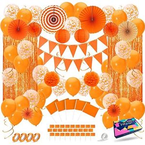 Fissaly® 108 Stuks Nederland Oranje Decoratie Set – Feest Verjaardag Versiering met Ballonnen, Vlaggetjes & Slinger – Koningsdag – Voetbal Thema Feest – Ik hou van Holland