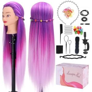 Kappers Trainingshoofd, Mysweety 26 ""Kapper Trainingshoofd Synthetische Vezel 100% voor Kapsalon, met Tafelklem & Vlechtkit, Paars # 25
