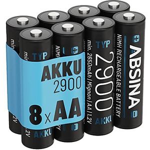 ABSINA Accu AA Mignon 2900 8 stuks - NiMH oplaadbare AA-batterij met min. 2650 mAh & 1,2 V - AA batterijen voor apparaten met een hoog stroomverbruik - AA batterijen ideaal voor flitsers, Wii & Xbox Controller