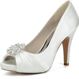 KYEGLO Satijnen Stiletto Hoge Hakken Voor Dames, Open Teen Afstudeerschoenen Met Strass Steentjes - Ideaal Voor Bruiloften En Werk,ivoor,36 EU