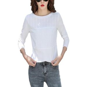 Dvbfufv Vrouwen Lente Geborduurde T-shirts Vrouwen Casual Lange Mouwen O-hals Shirts Vrouwelijke Elegante Koreaanse Tops, Wit, XL