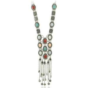 Boheemse turquoise ketting dames lange retro zilveren overdreven trui ketting etnische dansvoorstelling sieraden (Color : SILVER)