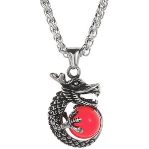 Noorse Viking Draak Ketting - Mannen Roestvrijstalen Draak Met Een Bal Hanger Kettingen - Handgemaakte Vintage Cool Crystal Bead Animal Amulet Sieraden Trui Keten (Color : Red_60CM)