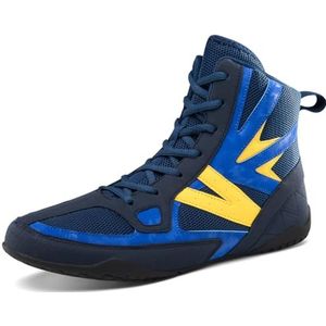 Hiuzylqx Boksschoenen voor heren, hoge top voor kinderen, worstelen, training, tieners, Muay Thai, kickboksen, sparren, wedstrijdschoenen,Blauw,35 EU